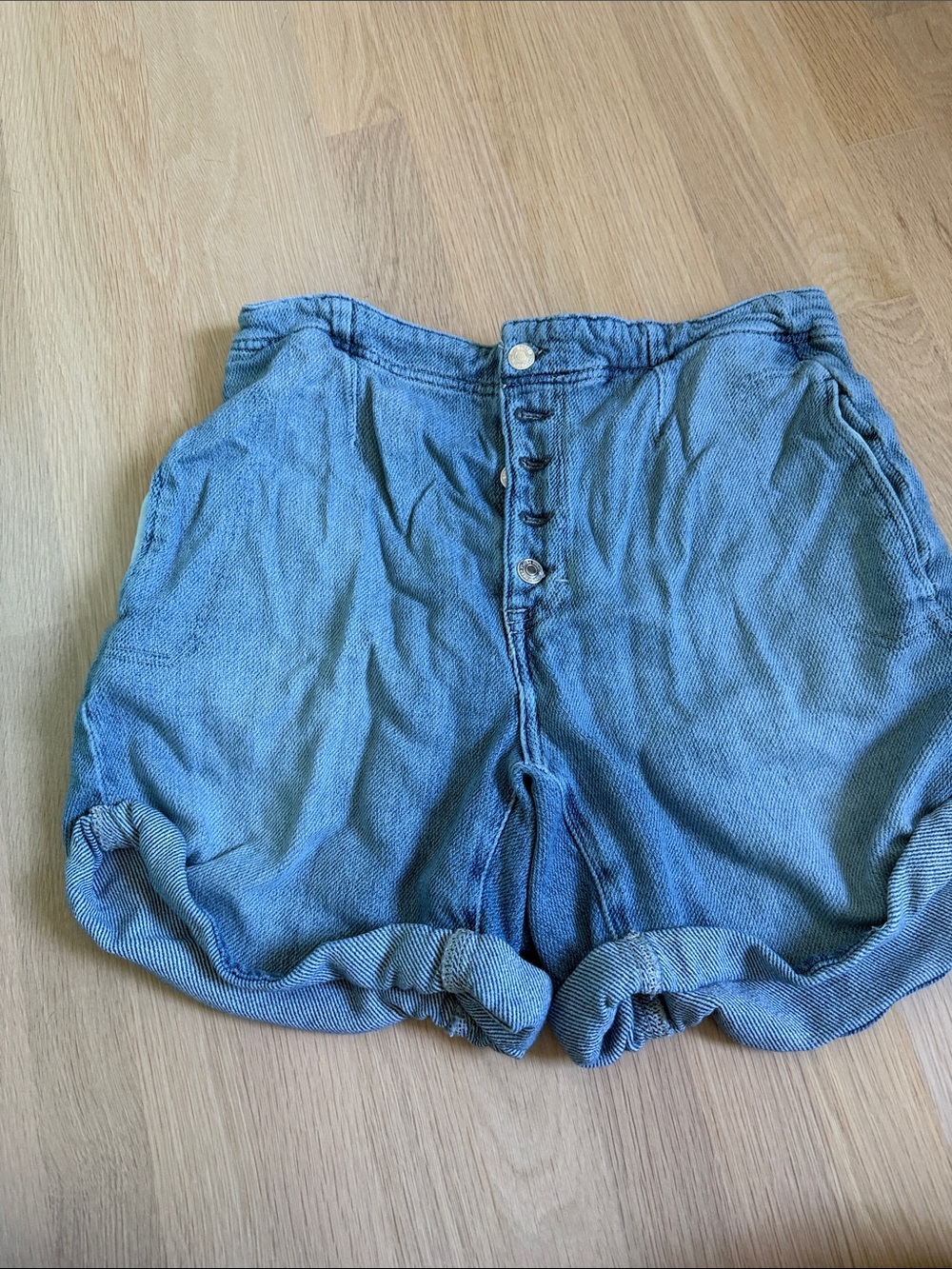 Free People Osaka Light Blue High-Waist Button-Up Denim Shorts